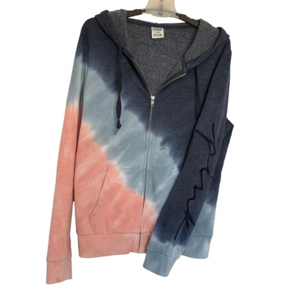 Pink Victoria's Secret Tie Dye Full Zip Hoodie Navy Coral Blue Script Logo M